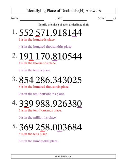 The SI Format Identifying Place of Decimal Numbers from Millionths to Hundred Thousands (Large Print) (H) Math Worksheet Page 2