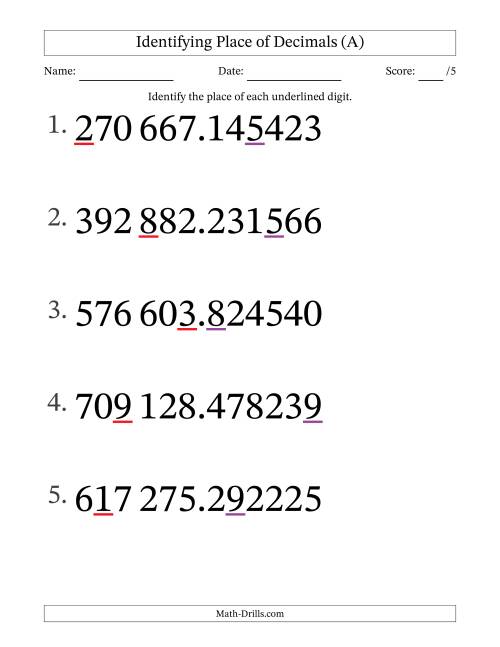 The SI Format Identifying Place of Decimal Numbers from Millionths to Hundred Thousands (Large Print) (All) Math Worksheet