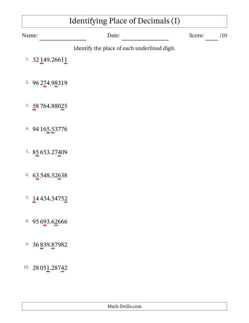 The SI Format Identifying Place of Decimal Numbers from Hundred Thousandths to Ten Thousands (I) Math Worksheet