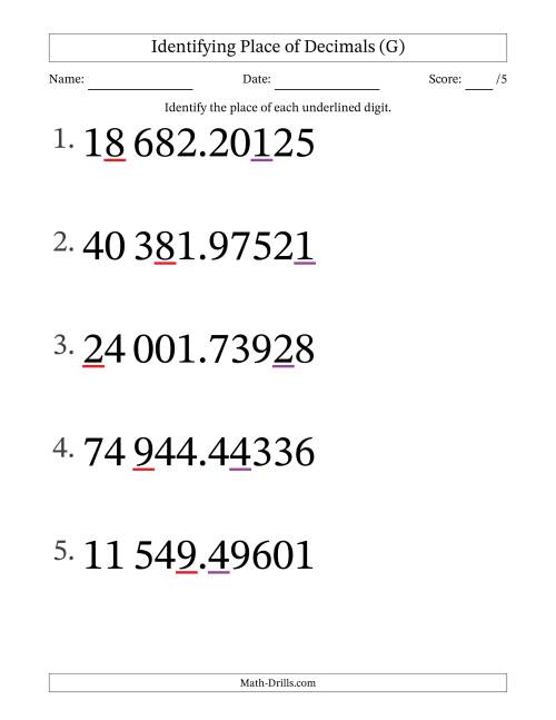 The SI Format Identifying Place of Decimal Numbers from Hundred Thousandths to Ten Thousands (Large Print) (G) Math Worksheet
