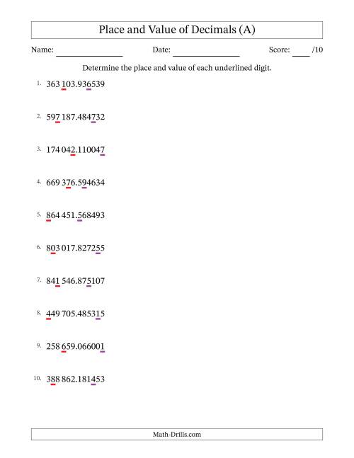 The SI Format Determining Place and Value of Decimal Numbers from Millionths to Hundred Thousands (All) Math Worksheet