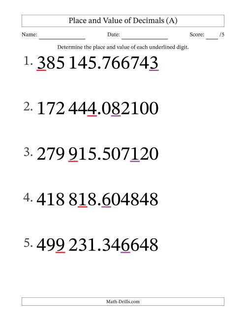 The SI Format Determining Place and Value of Decimal Numbers from Millionths to Hundred Thousands (Large Print) (All) Math Worksheet