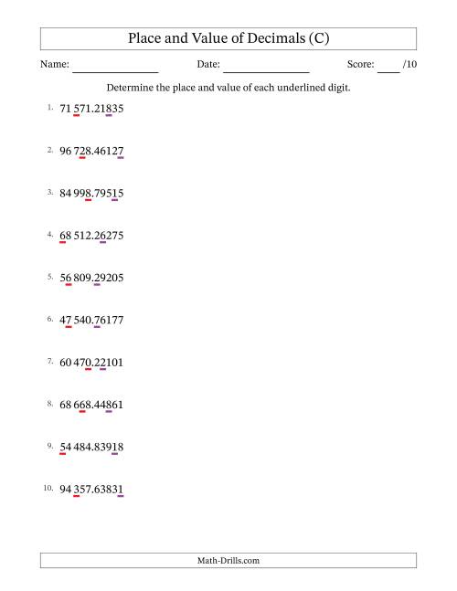 The SI Format Determining Place and Value of Decimal Numbers from Hundred Thousandths to Ten Thousands (C) Math Worksheet