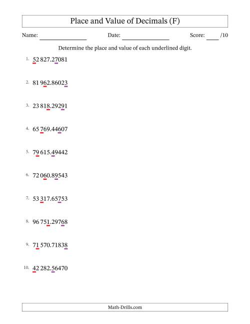 The SI Format Determining Place and Value of Decimal Numbers from Hundred Thousandths to Ten Thousands (F) Math Worksheet