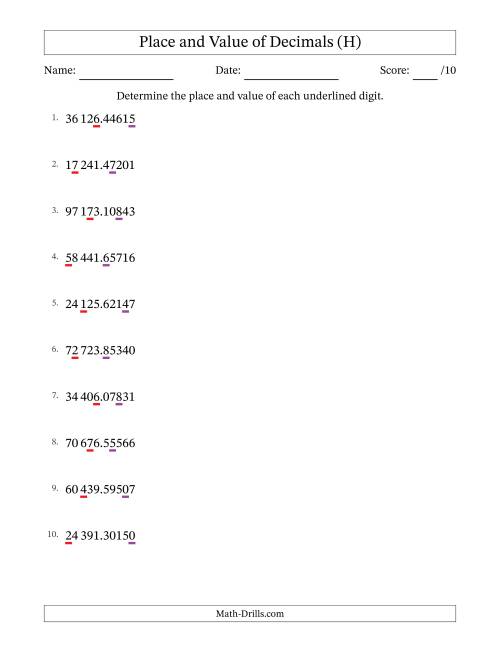 The SI Format Determining Place and Value of Decimal Numbers from Hundred Thousandths to Ten Thousands (H) Math Worksheet