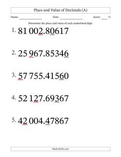 SI Format Determining Place and Value of Decimal Numbers from Hundred Thousandths to Ten Thousands (Large Print)