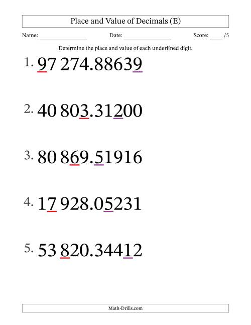 The SI Format Determining Place and Value of Decimal Numbers from Hundred Thousandths to Ten Thousands (Large Print) (E) Math Worksheet
