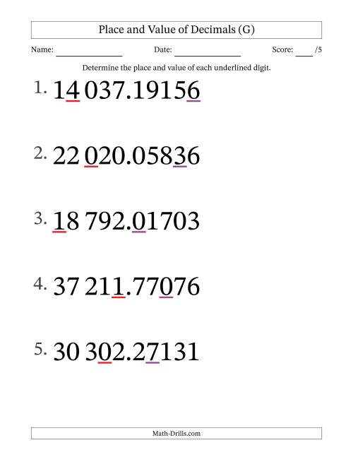 The SI Format Determining Place and Value of Decimal Numbers from Hundred Thousandths to Ten Thousands (Large Print) (G) Math Worksheet