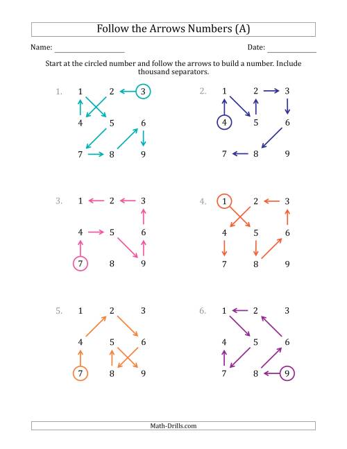 The Follow The Arrows to Build a Number and Include Thousands Separators (Grid Numbers in Order) (A) Math Worksheet