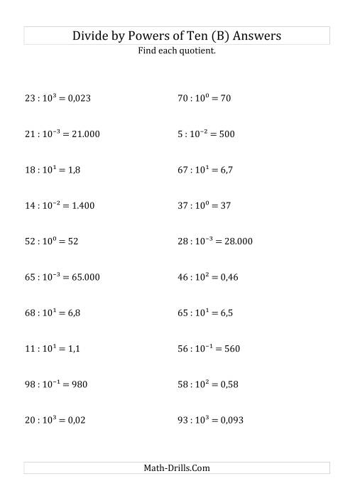 The Dividing Whole Numbers by All Powers of Ten (Exponent Form) (B) Math Worksheet Page 2
