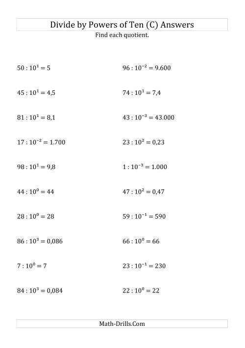 The Dividing Whole Numbers by All Powers of Ten (Exponent Form) (C) Math Worksheet Page 2