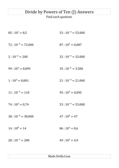 The Dividing Whole Numbers by All Powers of Ten (Exponent Form) (J) Math Worksheet Page 2