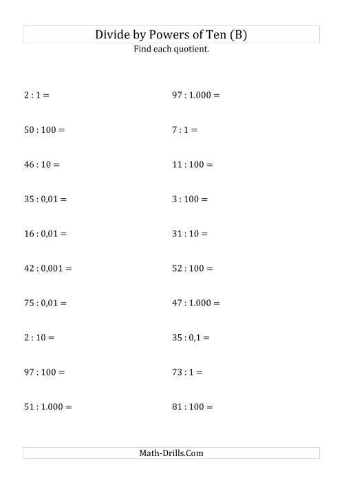 The Dividing Whole Numbers by All Powers of Ten (Standard Form) (B) Math Worksheet