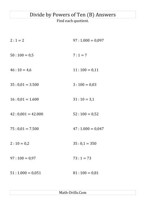 The Dividing Whole Numbers by All Powers of Ten (Standard Form) (B) Math Worksheet Page 2