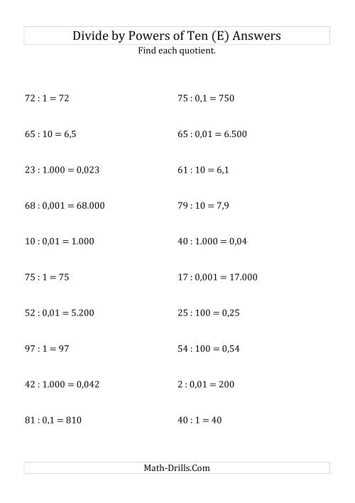 The Dividing Whole Numbers by All Powers of Ten (Standard Form) (E) Math Worksheet Page 2