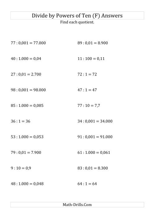 The Dividing Whole Numbers by All Powers of Ten (Standard Form) (F) Math Worksheet Page 2