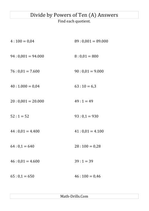 The Dividing Whole Numbers by All Powers of Ten (Standard Form) (All) Math Worksheet Page 2