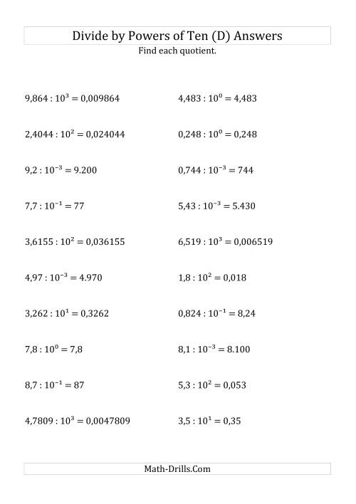 The Dividing Decimals by All Powers of Ten (Exponent Form) (D) Math Worksheet Page 2