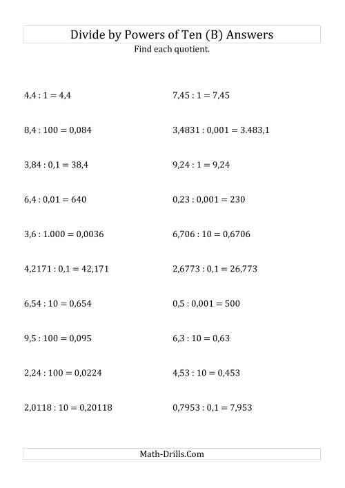 The Dividing Decimals by All Powers of Ten (Standard Form) (B) Math Worksheet Page 2