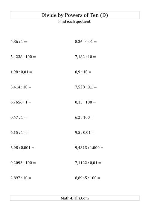 The Dividing Decimals by All Powers of Ten (Standard Form) (D) Math Worksheet