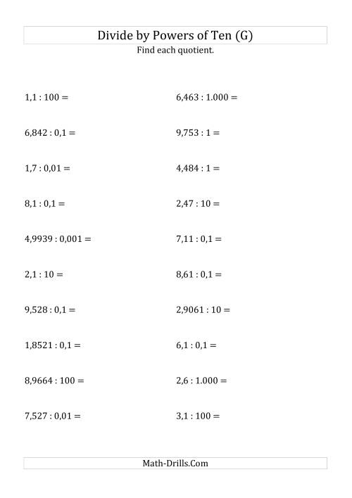 The Dividing Decimals by All Powers of Ten (Standard Form) (G) Math Worksheet
