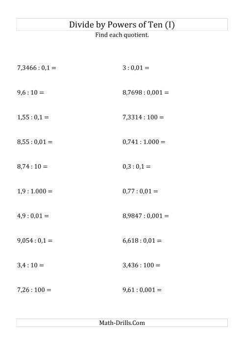 The Dividing Decimals by All Powers of Ten (Standard Form) (I) Math Worksheet