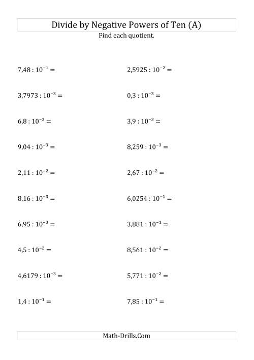 The Dividing Decimals by Negative Powers of Ten (Exponent Form) (All) Math Worksheet
