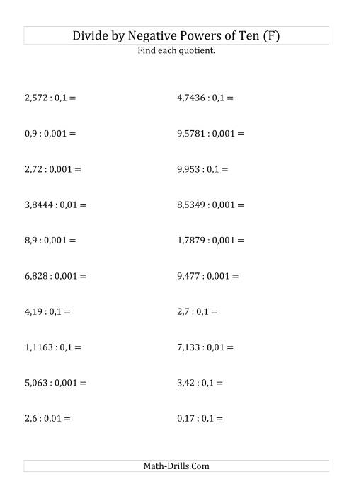 The Dividing Decimals by Negative Powers of Ten (Standard Form) (F) Math Worksheet