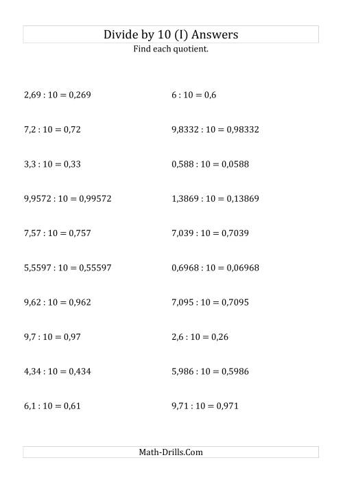 The Dividing Decimals by 10 (I) Math Worksheet Page 2