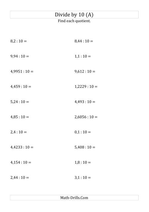 The Dividing Decimals by 10 (All) Math Worksheet