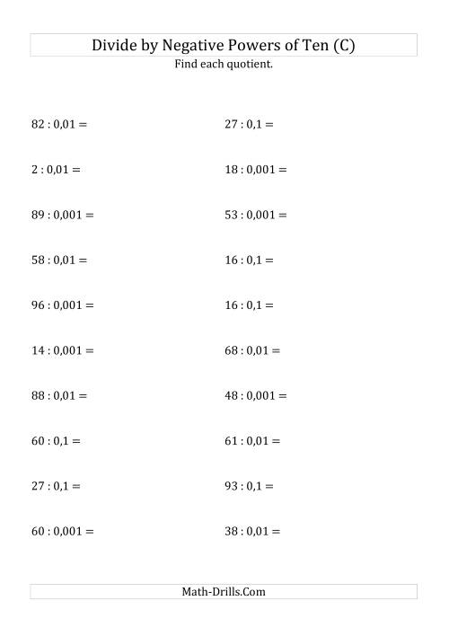 The Dividing Whole Numbers by Negative Powers of Ten (Standard Form) (C) Math Worksheet