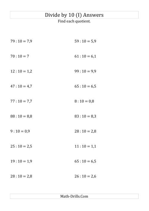 The Dividing Whole Numbers by 10 (I) Math Worksheet Page 2