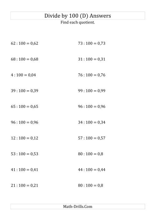 The Dividing Whole Numbers by 100 (D) Math Worksheet Page 2