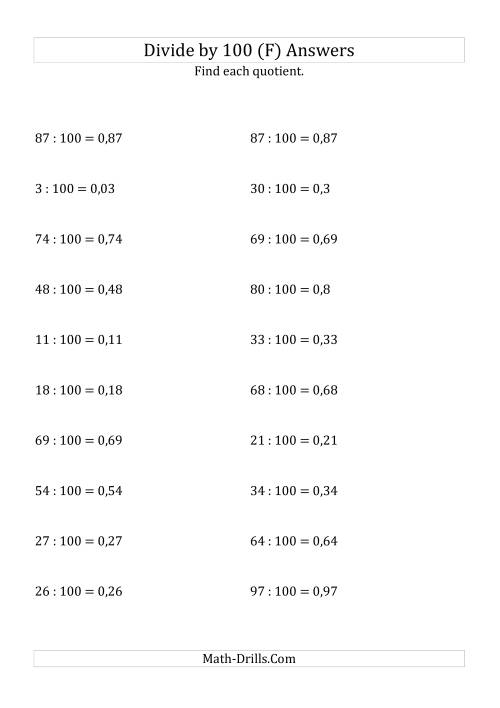 The Dividing Whole Numbers by 100 (F) Math Worksheet Page 2