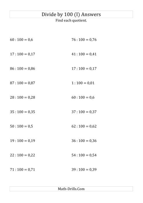 The Dividing Whole Numbers by 100 (I) Math Worksheet Page 2