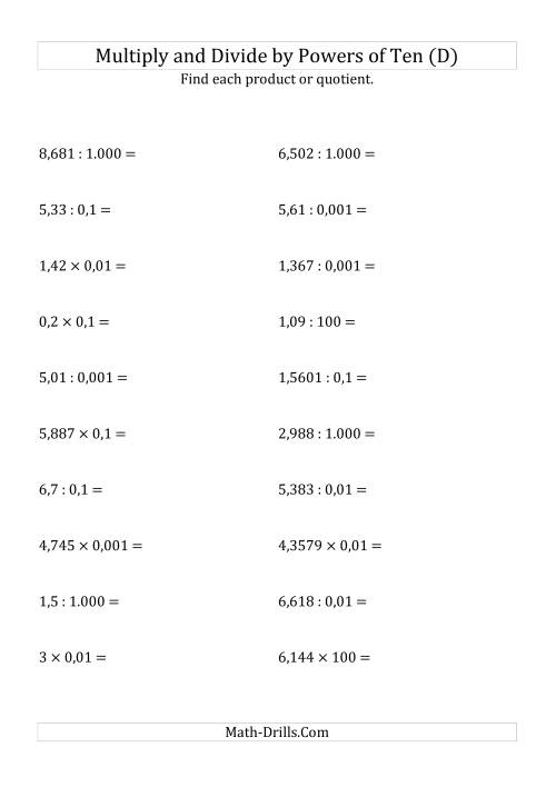 The Multiplying and Dividing Decimals by All Powers of Ten (Standard Form) (D) Math Worksheet