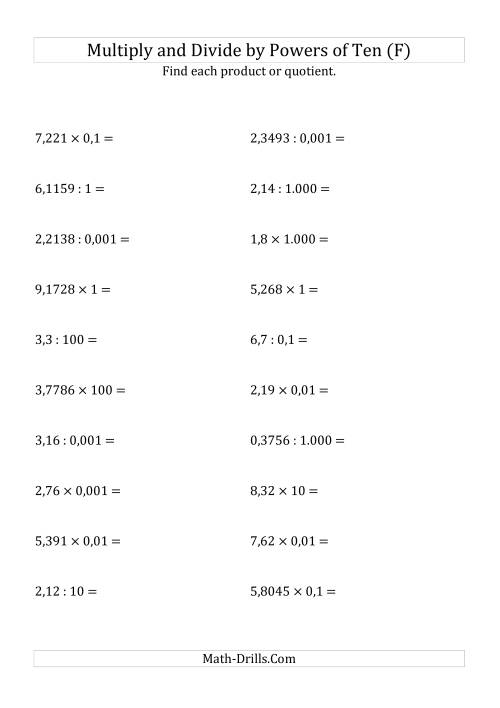 The Multiplying and Dividing Decimals by All Powers of Ten (Standard Form) (F) Math Worksheet