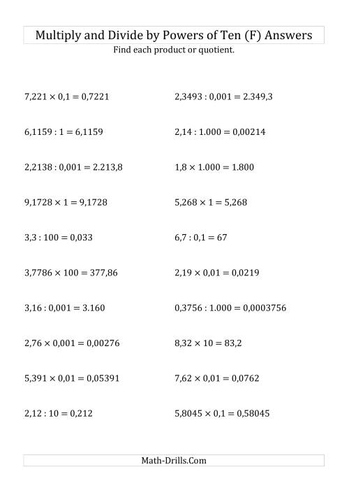 The Multiplying and Dividing Decimals by All Powers of Ten (Standard Form) (F) Math Worksheet Page 2