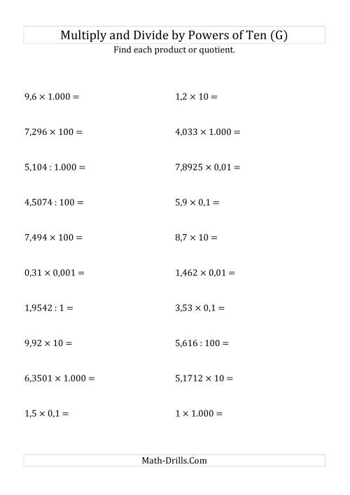 The Multiplying and Dividing Decimals by All Powers of Ten (Standard Form) (G) Math Worksheet