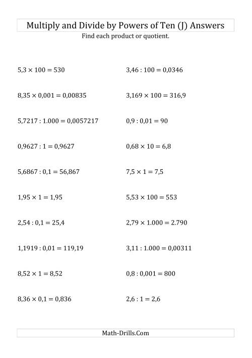The Multiplying and Dividing Decimals by All Powers of Ten (Standard Form) (J) Math Worksheet Page 2