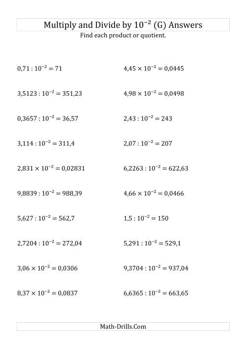The Multiplying and Dividing Decimals by 10<sup>-2</sup> (G) Math Worksheet Page 2