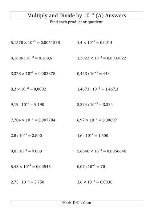 The Multiplying and Dividing Decimals by 10<sup>-3</sup> (All) Math Worksheet Page 2