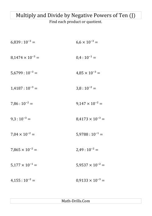 The Multiplying and Dividing Decimals by Negative Powers of Ten (Exponent Form) (J) Math Worksheet