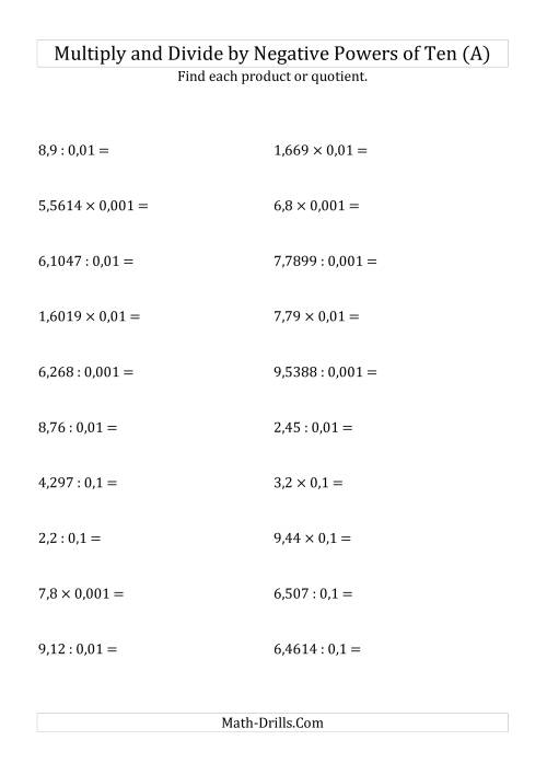 The Multiplying and Dividing Decimals by Negative Powers of Ten (Standard Form) (All) Math Worksheet