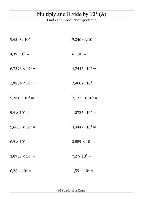 The Multiplying and Dividing Decimals by 10<sup>1</sup> (A) Math Worksheet