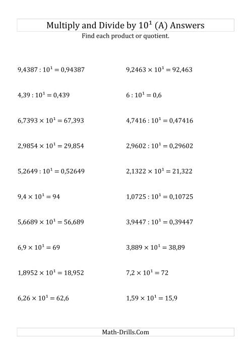 The Multiplying and Dividing Decimals by 10<sup>1</sup> (A) Math Worksheet Page 2