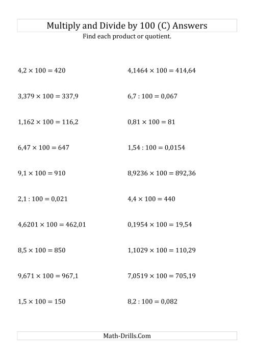 The Multiplying and Dividing Decimals by 100 (C) Math Worksheet Page 2
