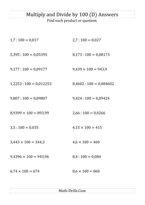The Multiplying and Dividing Decimals by 100 (D) Math Worksheet Page 2