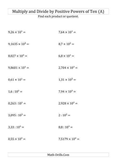 The Multiplying and Dividing Decimals by Positive Powers of Ten (Exponent Form) (All) Math Worksheet