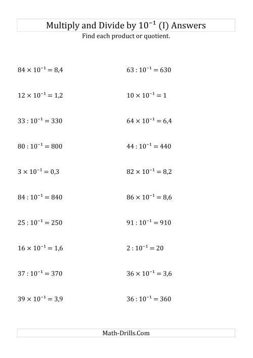 The Multiplying and Dividing Whole Numbers by 10<sup>-1</sup> (I) Math Worksheet Page 2
